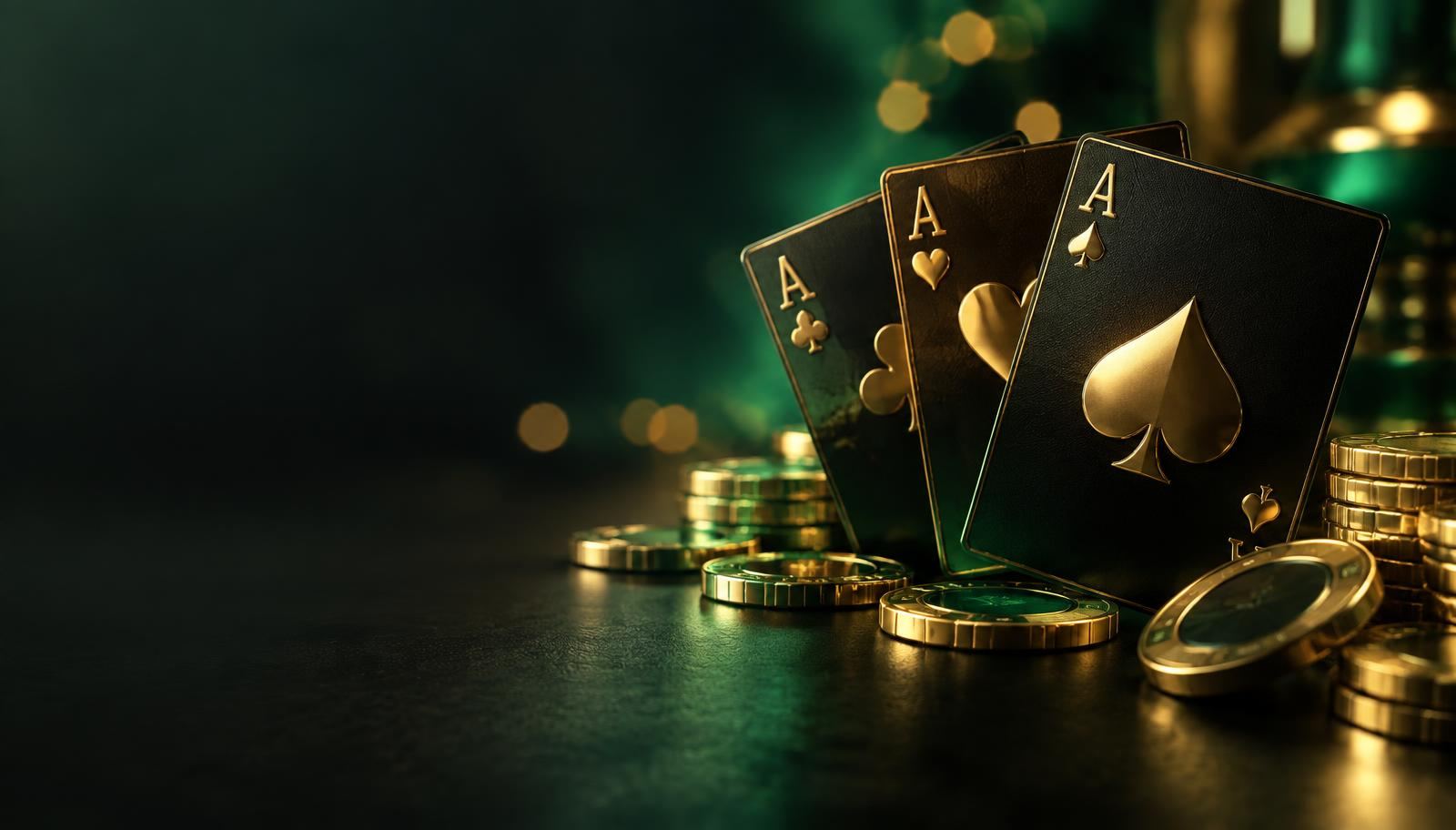 Golden playing cards and coins on a dark table